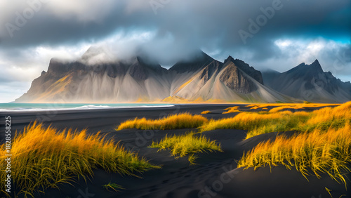 Fototapeta Naklejka Na Ścianę i Meble -  Dramatic mountain landscape with black sand dunes and golden grass
