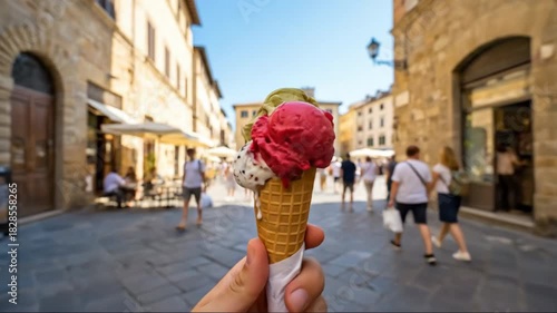 Point of view enjoying gelato on a sunny European street.