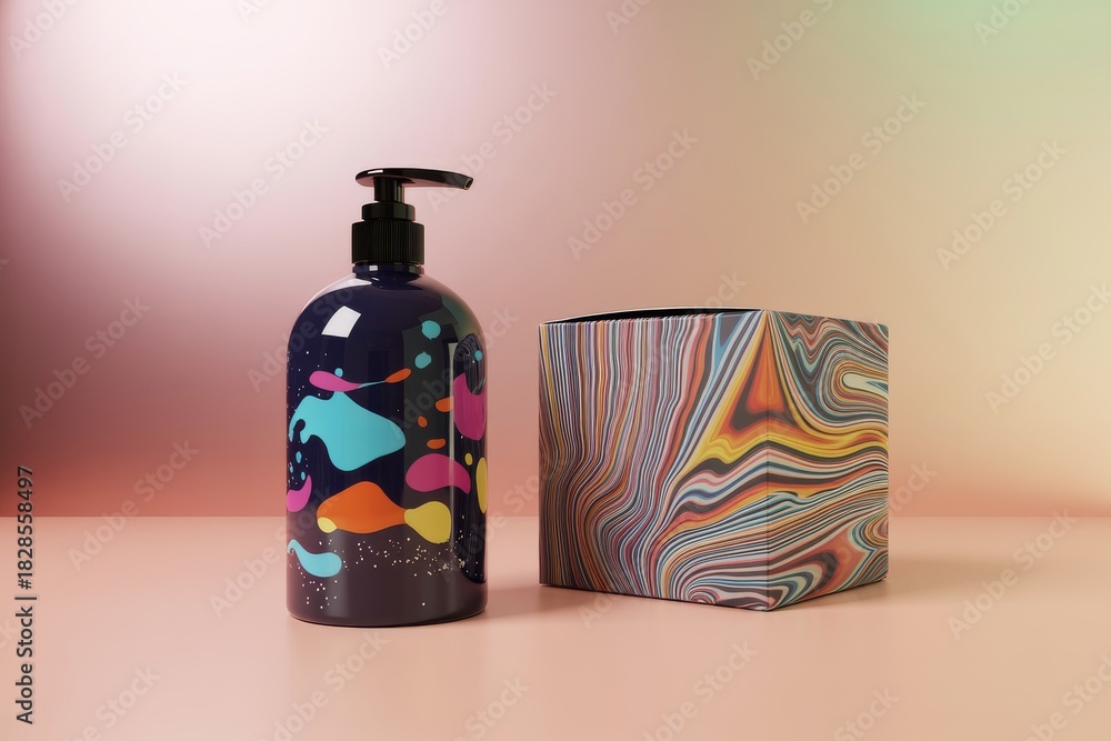Obraz premium Dark Blue Soap Dispenser With Colorful Abstract Design