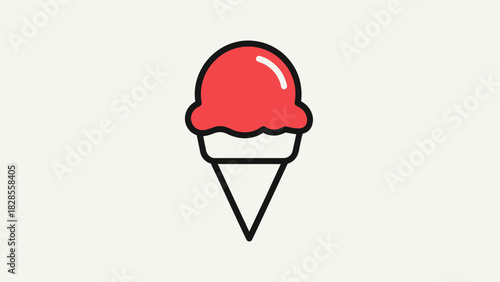 Simple illustration of a red ice cream scoop in a cone with a black outline, isolated on a light background.