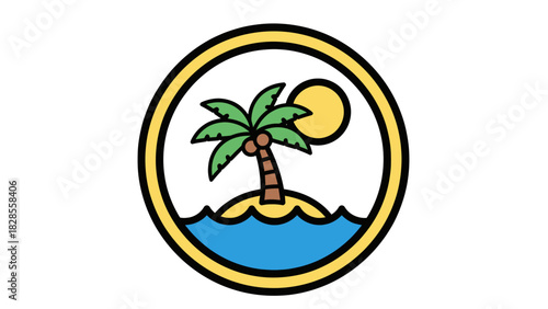 Illustration of a tropical island with a palm tree, coconuts, sand, and ocean waves, all enclosed within a yellow circle and a black outline.
