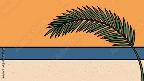 Stylized vector illustration of a serene tropical beach with an orange sky, blue ocean, sandy shore, and a green palm frond.