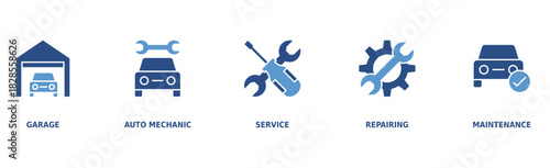 Car servicing banner web icon vector illustration concept with icon of garage, auto mechanic, service, repairing and maintenace