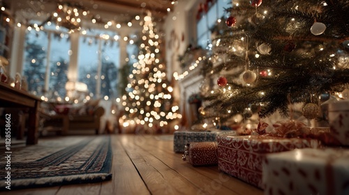 Cozy holiday living room filled with festive decorations and twinkling lights during a winter evening