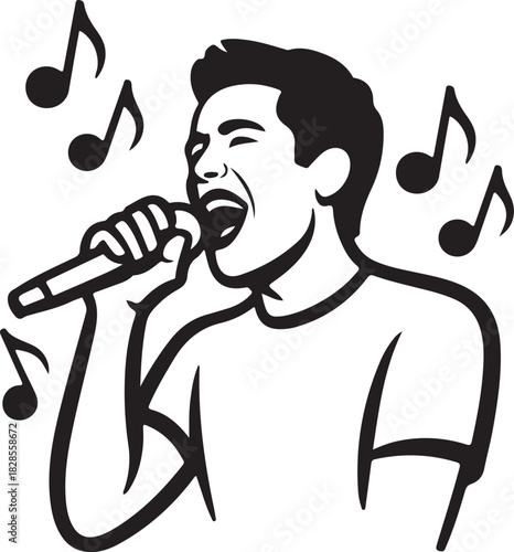 Passionate male singer performing live on stage with a microphone and floating musical notes vector illustration