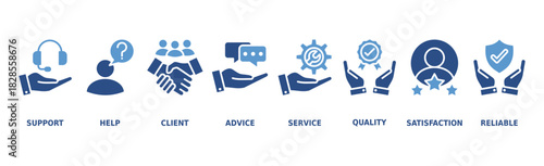 Customer care banner web icon vector illustration concept for customer support and telemarketing service with an icon of help, client, advice, chat, service, reliability, quality, and satisfaction