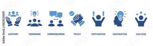 Collaboration banner website icons vector illustration concept of teamwork and working together with an icons of support, teamwork, communication, trust, motivate, inspiration.