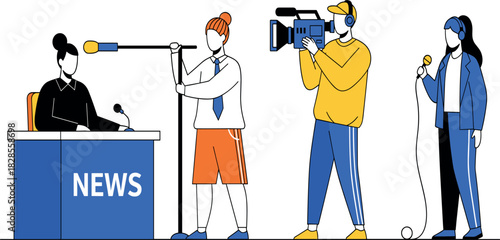 News media team vector illustration with anchor, cameraman, reporter and boom mic operator broadcasting live journalism scene