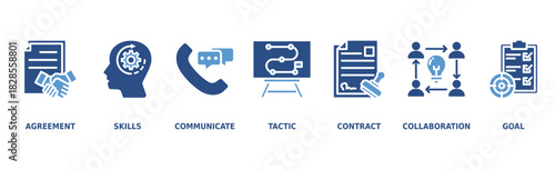 Negotiation banner web vector illustration concept with icons of agreement, skills, communication, tactic, contract, collaboration and goal.