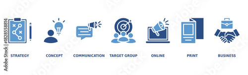 Marketing banner web icon vector illustration concept with icon of strategy, concept, communication, target group, online, print and business