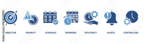 Time management banner web icon vector illustration concept with icon of objective, priority, schedule, reminder, efficiency, alerts, and controlling