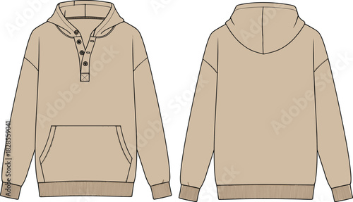 Beige pullover hoodie with button placket, front kangaroo pocket, ribbed cuffs and hem, cad fashion sketch, vector flat design