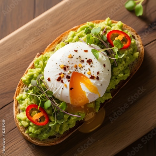 Avocado toast with poached egg and chili flakes on wooden board