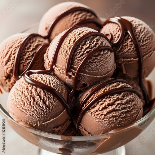 Delicious chocolate ice cream scoops in a glass bowl with chocolate drizzle