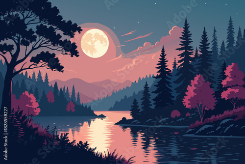 Crisp Mystical Moonlit Lake With Glowing Reflecti Professional Photo