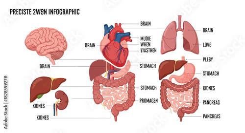 Human internal organ locations flat 2D anatomy infographic, featuring detailed labeling for educational study purposes, presented as a clear vector illustration on a clean white background.