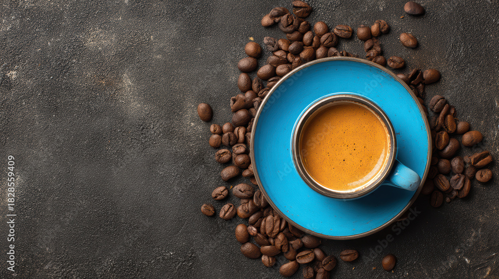 Obraz premium Aromatic espresso is presented in a vibrant blue cup on a textured dark surface, surrounded by freshly roasted coffee beans, inviting warmth and induence.