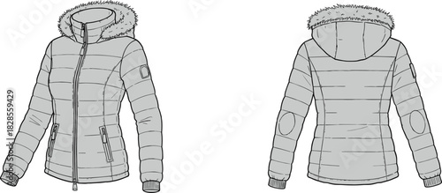 Technical flat sketch of women’s padded winter jacket with fur trim hood, detailed front and back view illustration, insulated outerwear design template, apparel drawing