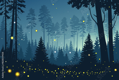 Dynamic Night Forest Silhouette With Glowing Firefl Professional Photo