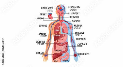 Labeled human anatomy of major internal body systems and organs presented in a detailed, simple 2D flat vector illustration on a clean white background, ideal for scientific and medical studies.