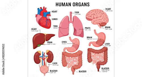 Labeled human internal organs chart vector illustration, featuring detailed digestive, circulatory, and respiratory anatomy displayed on a clean white background for medical education.
