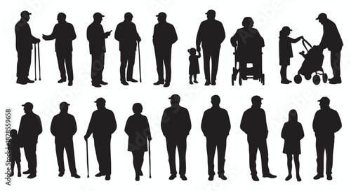 Diverse human silhouettes collection, representing various life stages and everyday activities. Features elderly people, parents with children, and standing adults, ideal for graphic design projects f
