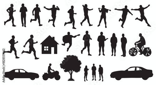 Black Silhouette Vector Set Running, Walking, and Various Human Activity Illustrations with Buildings and Vehicles