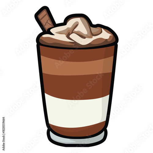 A set of hand drawn coffee drink illustrations featuring various café beverages such as latte, cappuccino, mocha, matcha, frappe, and creamy dessert drinks. Each cup is illustrated in a cute cartoon