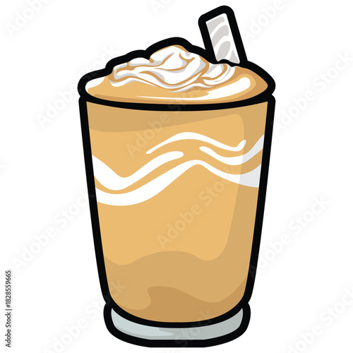 A set of hand drawn coffee drink illustrations featuring various café beverages such as latte, cappuccino, mocha, matcha, frappe, and creamy dessert drinks. Each cup is illustrated in a cute cartoon