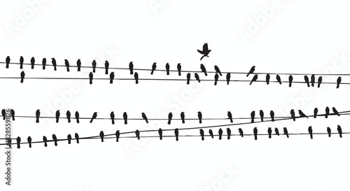 A powerful black and white silhouette of a large flock of birds on a wire, with one bird taking flight, symbolizing individuality, leadership, and breaking from the crowd.