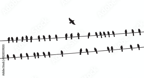 Birds on a Wire Silhouette Against the Sky - Minimalist avian imagery, nature scene conveying freedom and flock dynamics.