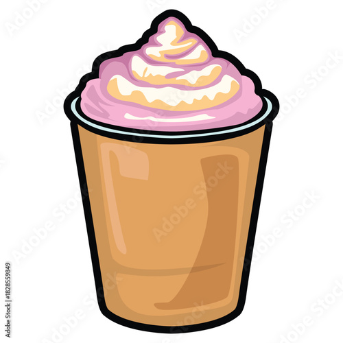 A set of hand drawn coffee drink illustrations featuring various café beverages such as latte, cappuccino, mocha, matcha, frappe, and creamy dessert drinks. Each cup is illustrated in a cute cartoon