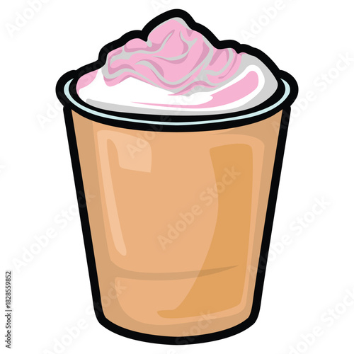 A set of hand drawn coffee drink illustrations featuring various café beverages such as latte, cappuccino, mocha, matcha, frappe, and creamy dessert drinks. Each cup is illustrated in a cute cartoon