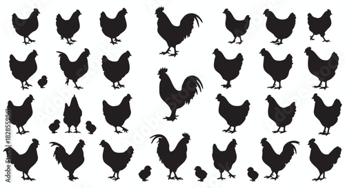 Black Silhouette Poultry Collection Chickens, Roosters, and Chicks - Simple Vector Graphics for Farm Concepts