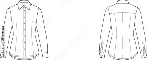 Women's button-up shirt technical flat sketch, front and back view, pointed collar, cuffed sleeves, curved hemline, tailored fit, fashion illustration, vector drawing