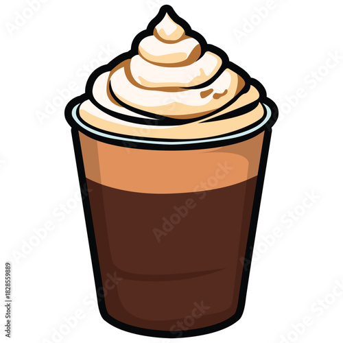 A set of hand drawn coffee drink illustrations featuring various café beverages such as latte, cappuccino, mocha, matcha, frappe, and creamy dessert drinks. Each cup is illustrated in a cute cartoon