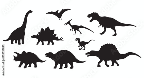 Dinosaur Silhouettes Collection of Prehistoric Creatures in Black and White for Educational or Decorative Use