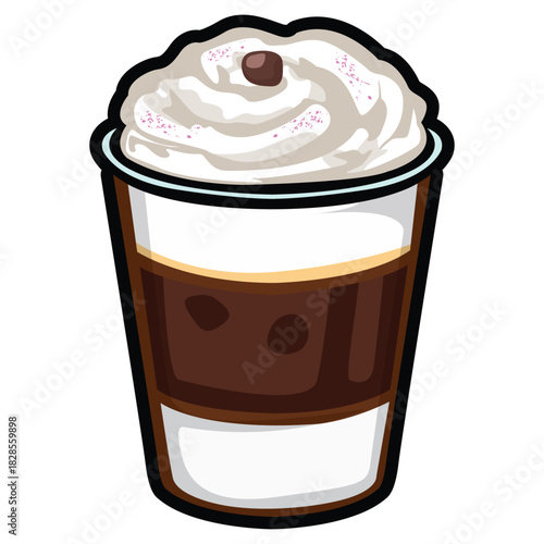A set of hand drawn coffee drink illustrations featuring various café beverages such as latte, cappuccino, mocha, matcha, frappe, and creamy dessert drinks. Each cup is illustrated in a cute cartoon