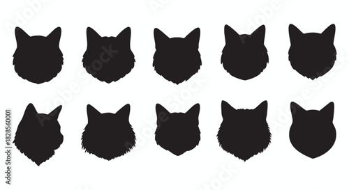 Collection of minimalist animal head silhouettes. Set of black vector icons showing various wild and domestic animal faces like cats, dogs, and wolves, isolated on a white background.