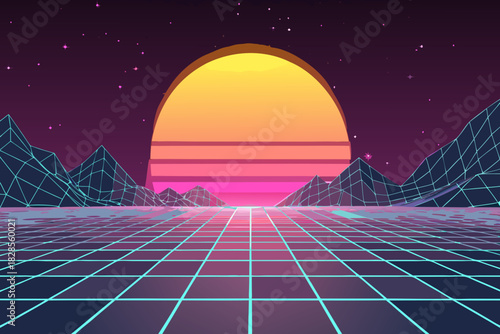 Stunning Retro Vaporwave Grid With Glowing Sun Creative Visual