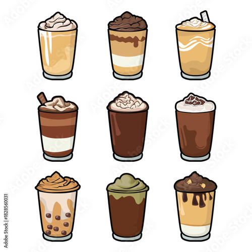A set of hand drawn coffee drink illustrations featuring various café beverages such as latte, cappuccino, mocha, matcha, frappe, and creamy dessert drinks. Each cup is illustrated in a cute cartoon 
