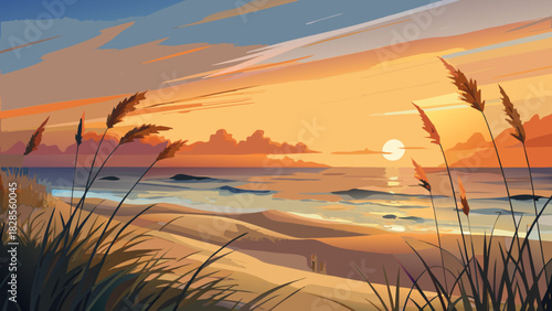 Very beautiful sunrise scene on Hilton Head Island featuring gentle sand dunes and silhouetted sea oat grass against a glowing horizon, captured in a clean, serene, non-specific natural setting suitab