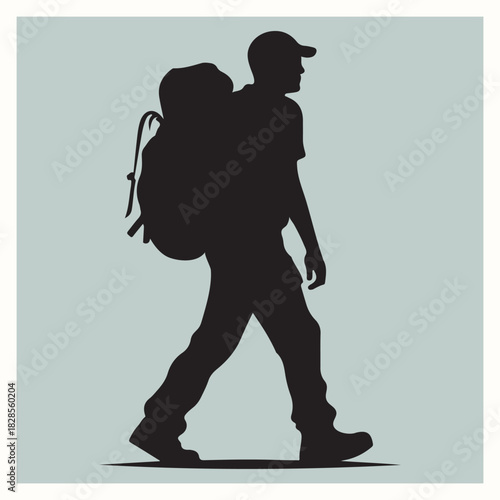 Silhouette of a Hiker with a Large Backpack Walking Vector Illustration