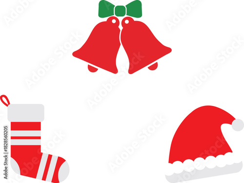 Simple flat vector illustration set of Christmas icons, including red and white Santa hat, a striped Christmas stocking, and a pair of red jingle bells with a green bow. 