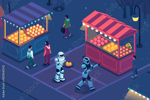 Depicting Robot Marketplace Scene With Glowing Object Stunning Premium Digital Asset