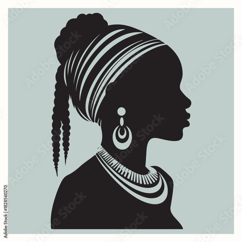  African Woman Profile Silhouette with Traditional Headwrap and Jewelry