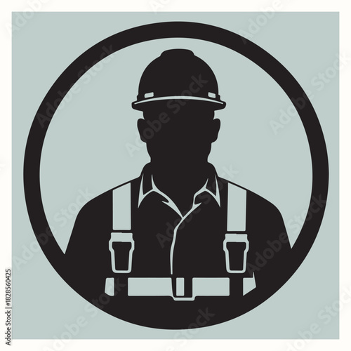 Construction Worker Safety Icon Vector Illustration, Man in Hard Hat and Harness
