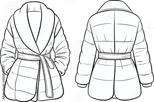 Belted puffer coat CAD drawing, flat vector illustration, front and back view, winter outerwear fashion sketch, technical clothing design