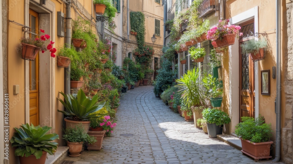 Fototapeta premium Mediterranean alleyway adorned with vibrant flowers and plants