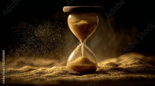 A dramatic close-up of an hourglass with sand flowing, illuminated by a warm beam of light, surrounded by floating dust particles in a dark setting.